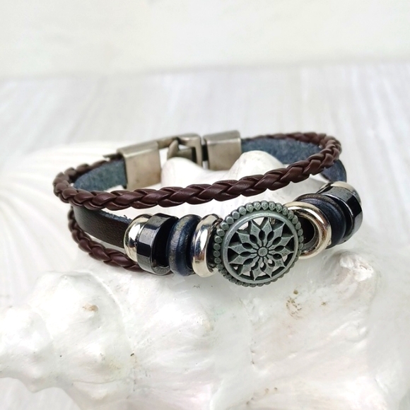 ♥️Bundle Only Black&Brown Braided Leather Silver Bead & Gun Metal Gray Bracelet - Picture 4 of 10